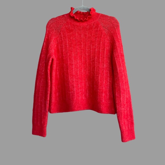 SEZANE Bright Red Mohair Merino Wool Knit Ruffle High Neck Sweater Loris Jumper - Picture 3 of 15